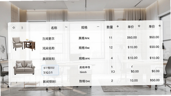 美间软件报价清单生成界面,展示一个完整表格,包含家具图片、名称、规格、数量、单价,背景为设计效果图,整体风格商务简洁,数据清晰可读