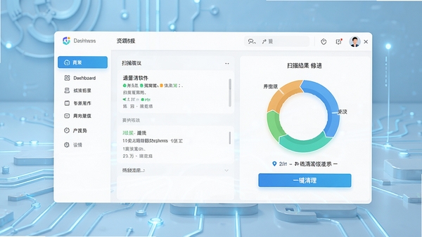 通量清软件主界面预览图,展示其清爽简洁的仪表盘风格,左侧为功能导航栏,右侧为扫描结果环形图与一键清理按钮,背景为现代简约的浅蓝色科技感桌面
