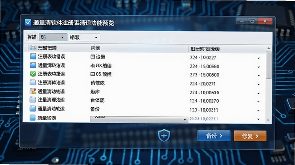 通量清软件注册表清理功能预览,展示扫描出的注册表错误列表,界面带有“备份”与“修复”按钮,背景为抽象的电路板纹理,强调安全与稳定