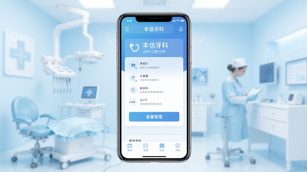 丰信牙科APP主界面预览图,展示口腔诊所预约功能与患者病历管理界面,背景为淡蓝色医疗风格,界面元素清晰,手机居中显示,整体色调明亮专业