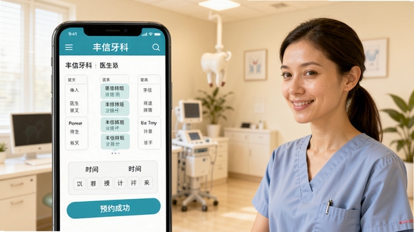 丰信牙科预约界面功能展示,显示医生排班表与时间选择器,手机界面高亮显示预约成功提示,背景为简洁的医疗办公环境,画面温馨明亮
