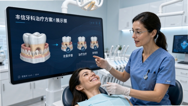 丰信牙科治疗方案展示界面,包含牙齿3D模型与治疗步骤说明,医生正为患者讲解方案,背景为现代化牙科诊室,画面专业且具有科技感