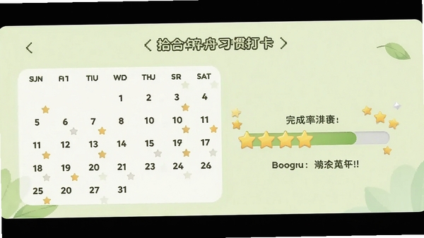 拾年舟习惯打卡界面,显示一周打卡日历和完成率进度条,有星星图标和鼓励标语,背景为浅绿色,清新自然,Boogu模型生成