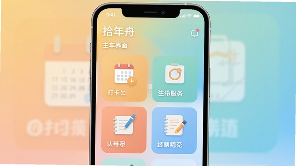 拾年舟应用主界面,展示生活服务功能卡片,背景为柔和渐变色,前景有日历、打卡、笔记等图标,整体风格清新简洁,适配手机竖屏展示,Boogu模型生成