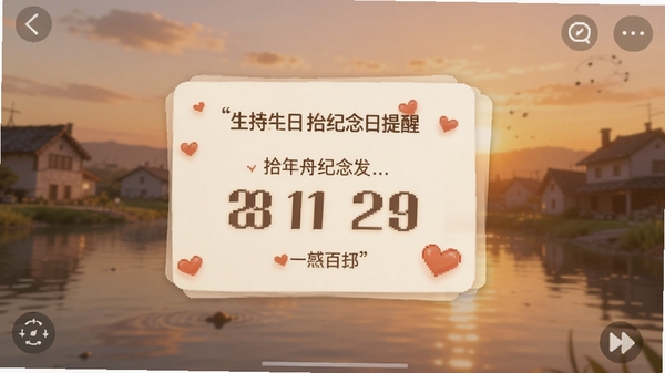 拾年舟纪念日提醒页面,显示生日倒数卡片和温馨背景,带有日期数字和爱心装饰,整体色调温暖,手机界面截图风格,Boogu模型生成