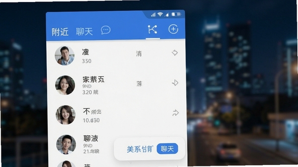 附近一对聊主界面截图,展示附近的人列表,背景为模糊的城市夜景,人物头像清晰,界面风格简洁现代,主色调为蓝色和白色,突出“附近”和“聊天”核心功能,画面比例16:9