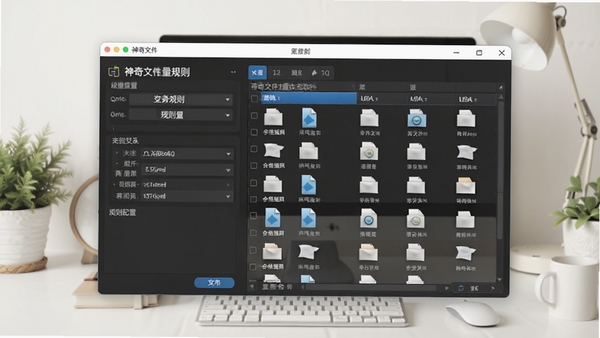 神奇文件批量改名软件主界面预览图,展示清晰的规则配置区域和文件列表预览效果,背景为淡雅的桌面环境,整体风格简洁明亮,突出软件易用性