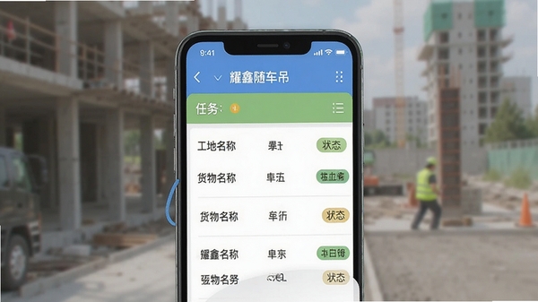 耀鑫随车吊任务管理界面截图风格,手机屏幕显示任务列表,包含工地名称、货物名称、状态标签,背景模糊处理,突出界面UI设计,扁平化风格,色彩清新,信息层级分明