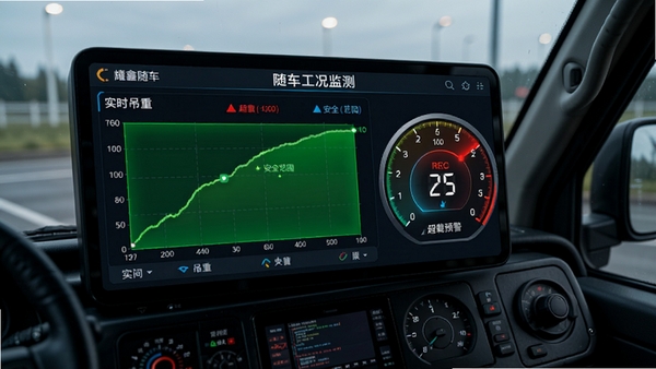耀鑫随车吊工况监测界面,图表展示实时吊重曲线,数字仪表盘风格,绿色区域为安全范围,红色区域为超载预警,背景为驾驶室视角,科技感十足,暗色调,数据高亮显示