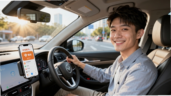 ����AI���ɻ��棺һλ���΢Ц���������Գ��������Լ������SUV��ʻ���ϣ��ֻ�֧���ϵĹ��˳�糵��APP���������ɼ����������ǳ����峿�Ľֵ�������͸���������ڷ������ϣ������黯������������������ͨ͸��ͻ���������е����÷�Χ