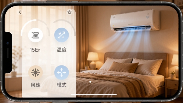 ���ܿյ�һ������ң����������ʾͼ������Ϊ�ֻ��������棬��ʾ�¶ȵ��ڡ����١�ģʽ��Բ��ͼ�꣬����Ϊ��ܰ���һ������յ��������У�������ͣ�ɫ����ů��ͻ������ȫ���ԣ��ʺϲ���չʾ��