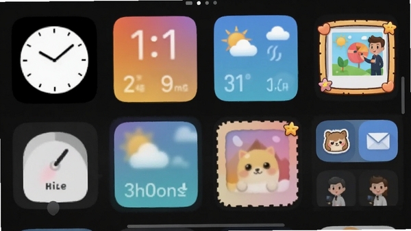 涂个小组件软件内组件库截图,展示数十种不同风格的应用图标和小组件模板,如极简黑白时钟、渐变色天气卡片、卡通风格相册框,界面采用网格布局,滑动流畅,突出资源丰富与多样性