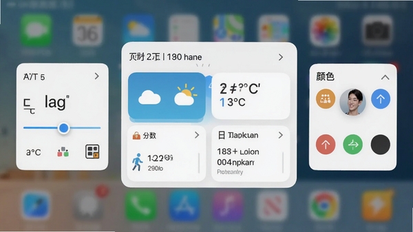 涂个小组件功能展示图,画面中央是一个正在编辑中的信息聚合组件,上面清晰显示日期、天气图标、气温、步数和日程安排,周围有调节字体大小和颜色的控制面板,背景虚化,突出组件的高效信息整合能力