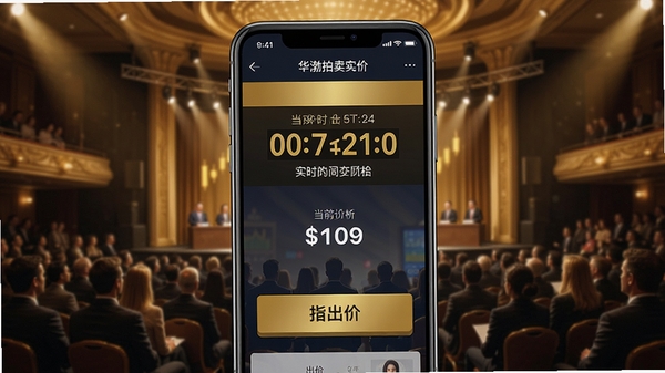 华渤拍卖实时竞价界面截图风格图片,展示手机屏幕上有拍卖倒计时、当前价格和出价按钮,背景模拟拍卖会现场氛围,金色与深色搭配,体现专业与紧张感,突出实时同步功能