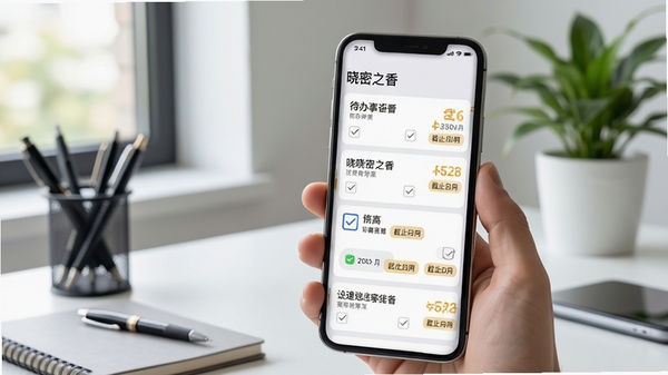 晓密之香待办事项管理界面,手机屏幕上显示多个任务卡片,带有勾选框和截止日期标签,背景为现代办公室一角,桌上摆放着文具和绿植,光线自然,画面干净,突出任务管理的清晰高效