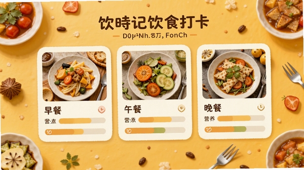 饮时记饮食打卡界面,展示早餐、午餐、晚餐三个卡片,每张卡片上有食物缩略图和营养元素比例条,背景是暖黄色,食物元素散落周围,风格温馨