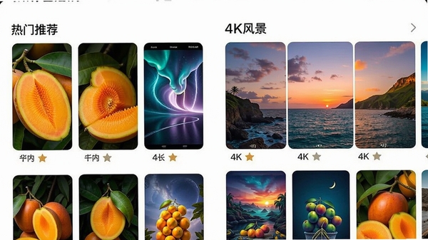芒果壁纸软件内分类浏览界面,突出显示“热门推荐”与“4K风景”专区,壁纸缩略图排列整齐,色调鲜艳,展示软件在资源分类上的细致与丰富