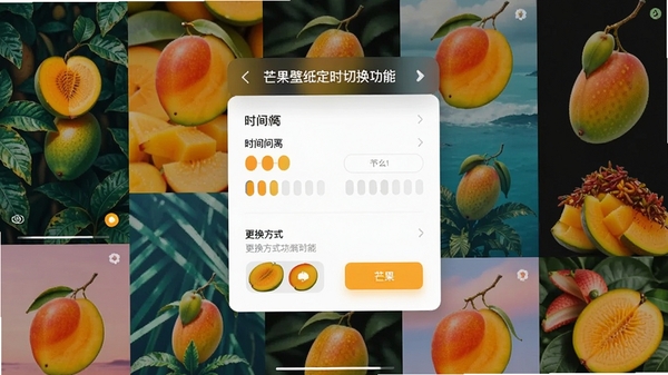 芒果壁纸定时切换功能设置界面,展示时间间隔选项与更换方式,背景为多张风格各异的壁纸拼接效果,体现软件的自动化与个性化定制能力