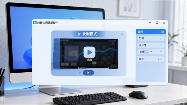 一款现代简约风格的电脑录屏软件主界面,软件名称为“转转大师录屏软件”显示在界面左上角,界面中央是录制模式选择区域,右侧是音频设置面板,整体色调以蓝白为主,背景为干净的桌面环境,配有显示器、键盘等设备,画面清晰明亮,科技感十足