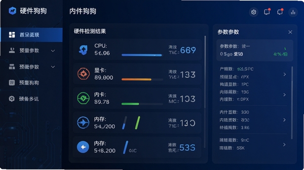 硬件狗狗主界面预览图,展示硬件检测结果列表,包含CPU、显卡、内存等硬件信息,界面设计简洁,左侧功能导航栏,右侧详细参数面板,整体风格现代科技感,背景为深蓝色渐变,突出数据清晰易读