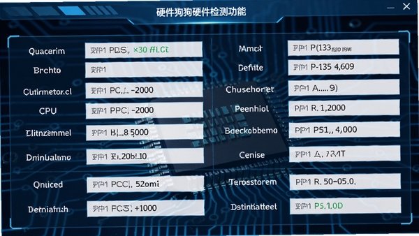硬件狗狗硬件检测功能截图,展示详细的CPU信息界面,包含核心数、线程数、主频、缓存等参数,界面以蓝色科技色调为主,数据排列整齐,背景带有电路板纹理,突出专业感