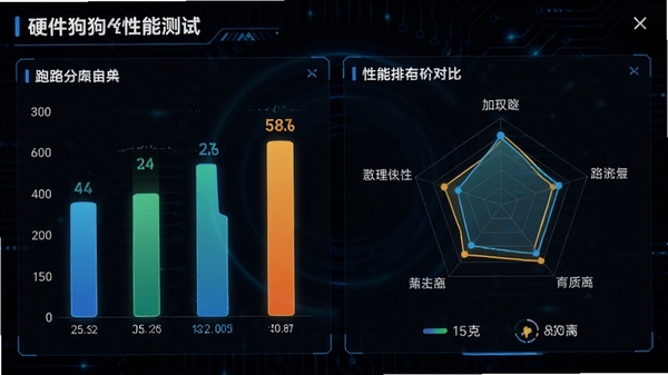 硬件狗狗性能测试界面,展示跑分结果与性能排行对比,以柱状图或雷达图形式呈现各项得分,背景为深色科技感风格,数据高亮显示,整体视觉效果专业且直观