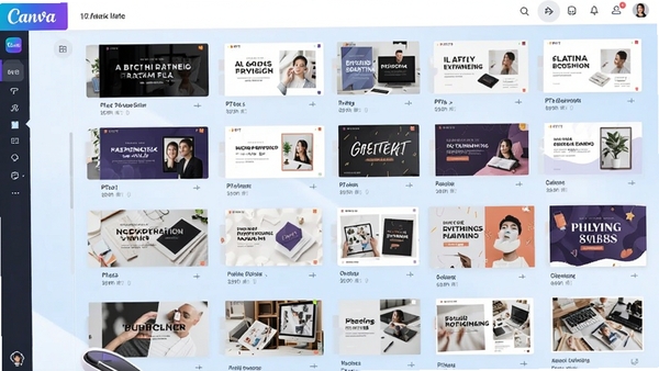 Canva(可画)的模板中心界面,展示大量精美的PPT模板和海报模板缩略图,排列整齐,风格多样,背景为柔和的浅蓝色,画面突出模板的丰富性与多样性,整体视觉专业且吸引人