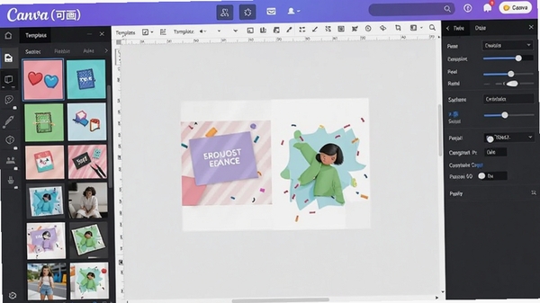Canva(可画)是一款在线平面设计工具,画面展示软件主界面,左侧为模板与素材面板,中间为编辑画布,右侧为属性调整栏,整体色彩明亮,界面简洁现代,背景为浅灰色工作区,突出软件的多功能设计环境