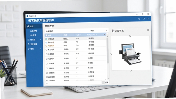 云客送货单管理软件主界面预览图,展示清晰的菜单栏、单据列表和打印预览区域,整体风格简洁商务,色彩以蓝白为主,背景为干净的办公桌面,软件窗口占据画面中心,细节清晰可辨