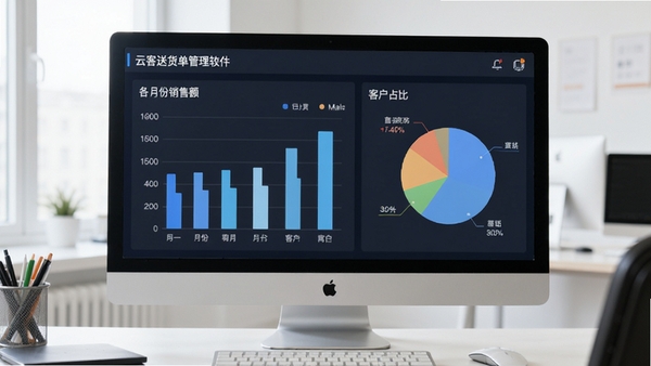 云客送货单管理软件数据统计分析界面,展示柱状图和饼图,分别代表各月份销售额和客户占比,界面现代美观,背景为办公桌上的显示器,画面明亮清晰