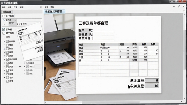 云客送货单管理软件打印模板编辑界面,左侧为模板字段设置,右侧为实时预览效果,展示公司名称、客户信息、商品明细表格和合计金额,纸张样式逼真,办公桌面上有打印机和单据样本