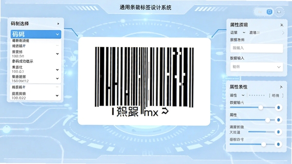 Label mx 通用条码标签设计系统条码生成功能展示,画面中央一个放大的一维条码和二维码示例,周围环绕码制选择下拉菜单、数据输入框和属性调节面板,背景为淡蓝色科技感界面