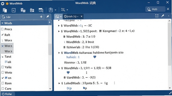 WordWeb词典软件主界面预览图,深蓝色工具栏,左侧单词列表,右侧释义面板,整体风格简洁清晰,适合桌面端使用