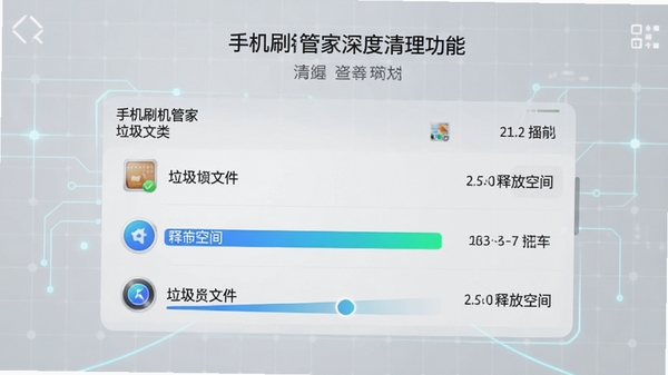 手机刷机管家深度清理功能运行界面,显示扫描出的垃圾文件分类列表与可释放空间大小,配以进度条动画,背景为浅灰色科技网格,突出数据清晰度