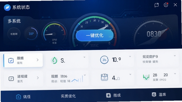 手机刷机管家主界面截图,展示系统状态仪表盘、一键优化按钮与功能导航栏,背景为深蓝色科技感渐变,界面元素高亮清晰,整体风格专业且现代化