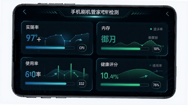手机刷机管家硬件检测结果页面,以图表形式展示CPU、内存、存储的实时使用率与健康评分,背景为深色面板搭配蓝绿色数据光效,科技感强烈