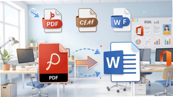 ����PDFר�Ҹ�ʽת������ʾ��ͼ������չʾPDF�ļ����ڱ�ת��ΪWord�ĵ��Ĺ��̣��Ϸ����ļ���ʽͼ�꣬��������office�칫����Ԫ�أ�ɫ����������