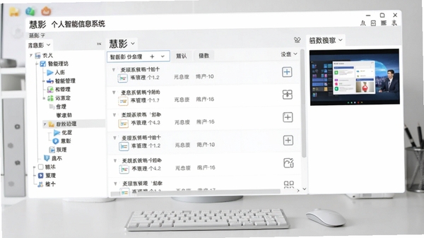 慧影个人智能信息系统主界面截图,展示左侧分类树形结构、中间内容列表与右侧预览面板,整体界面简洁明亮,背景为浅灰色工作桌面,图标清晰可辨,突出信息管理软件的专业感与秩序感