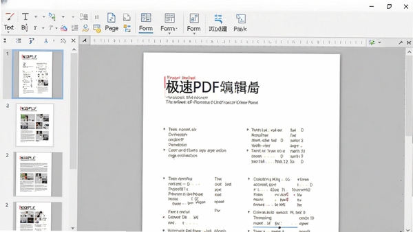 极速PDF编辑器主界面预览图,左侧页面缩略图栏,中间为文档编辑区,上方排列着文本编辑、页面管理、表单工具等图标,整体界面简洁明亮,背景为浅灰色工作台