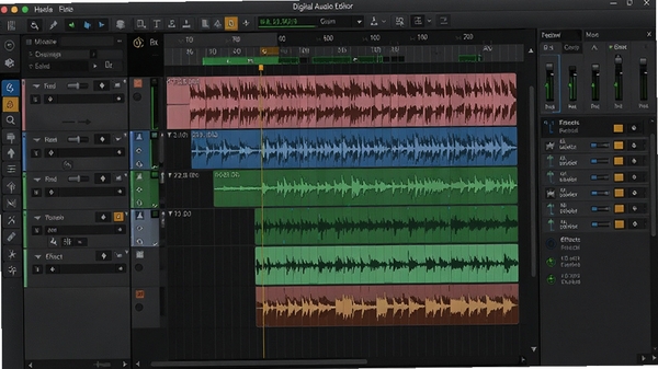 Digital Audio Editor软件主界面预览图,展示多轨编辑布局,波形图清晰可见,时间轴、音轨控制面板、效果器列表完整显示,背景为深色专业音频工作站风格,界面元素细节丰富,软件名称显示在界面顶部