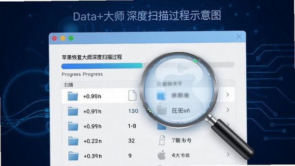 苹果恢复大师深度扫描过程示意图,界面显示进度条与已扫描的文件数量统计,背景为深蓝色科技感氛围,前方有放大镜图标悬停在文件列表上,突出数据挖掘的概念,画面明亮清晰,适合软件功能介绍配图