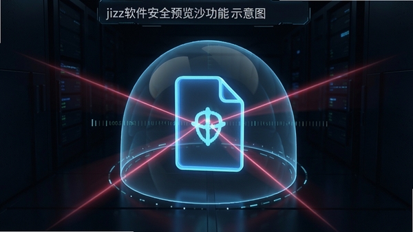 jizz软件安全预览沙箱功能示意图,一个文件图标被透明防护罩包裹,周围有扫描光线
