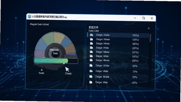 小白数据恢复专家深度扫描过程示意图,界面显示磁盘扇区扫描进度条与已发现文件列表,背景为科技感十足的深蓝色网格,突出数据找回的专业性