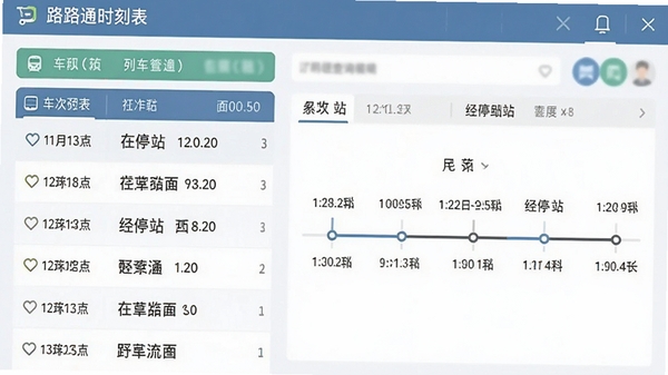 路路通时刻表列车时刻查询功能预览,展示车次列表、经停站信息与时间轴,界面风格清晰直观,信息层次分明