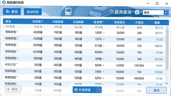 路路通时刻表软件主界面截图,展示清晰的列车时刻查询列表与功能按钮布局,背景为简洁的蓝白配色,突出数据表格与查询选项