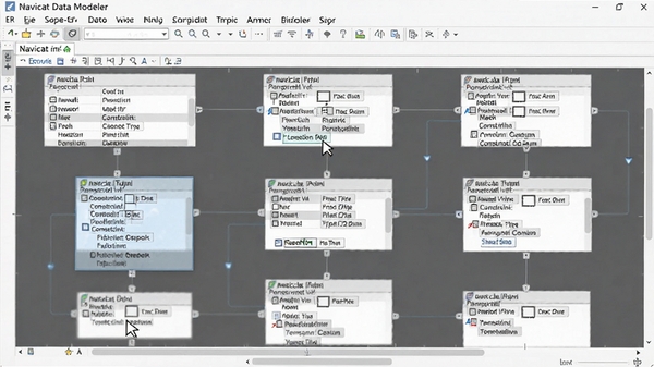 Navicat Data Modeler 中设计ER模型的场景,画布上多个数据表通过关系线连接,字段类型与约束清晰标注,界面显示拖拽操作光标,整体风格专业细致