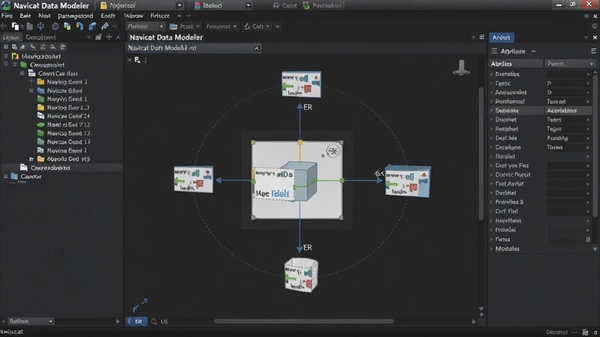 Navicat Data Modeler 主界面预览图,展示左侧对象树、中央ER图设计区域以及右侧属性面板,整体采用深色主题,界面布局清晰,专业数据库设计软件风格