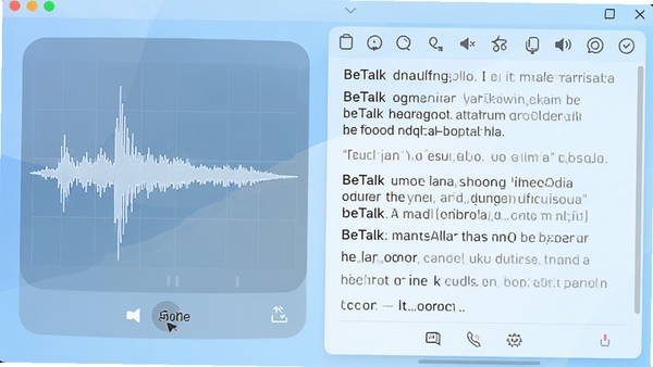 BeTalk翻译软件主界面预览图,界面简洁现代,左侧为语音输入波形图,右侧为双语对照文本区域,背景为浅蓝色渐变,整体风格商务且明亮