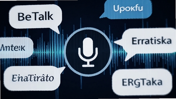 BeTalk语音转写功能特写,麦克风图标在屏幕中央,周围环绕多语言文字气泡,背景为动态声波图形,色调以科技蓝和白色为主