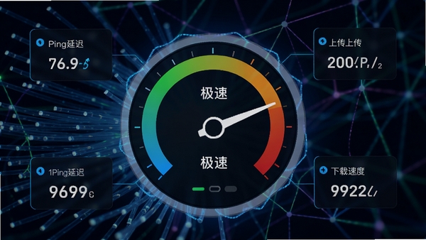 Zava网络加速功能界面,展示一个圆形的加速状态仪表盘,指针指向“极速”区域,周围环绕着Ping延迟、上传/下载速度等实时数据指标,背景为抽象的光纤网络线条,体现高速稳定的网络优化效果